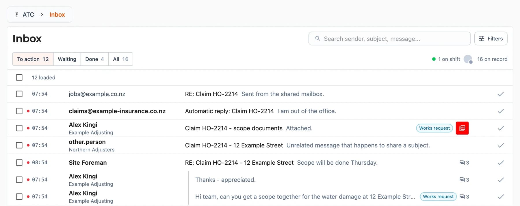ATC inbox with work orders waiting to be actioned